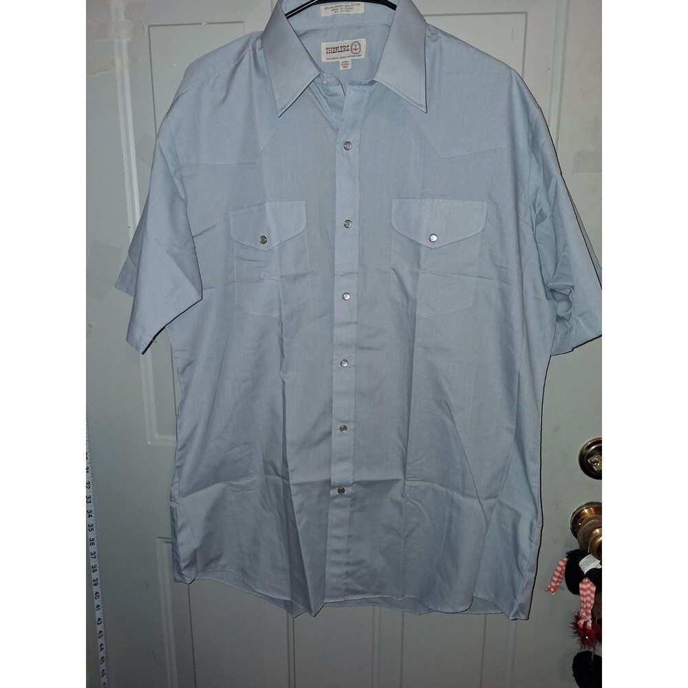Sheplers Western Shirt Mens 16.5 Light Blue Pearl Snap Short Sleeve Cowboy Rodeo